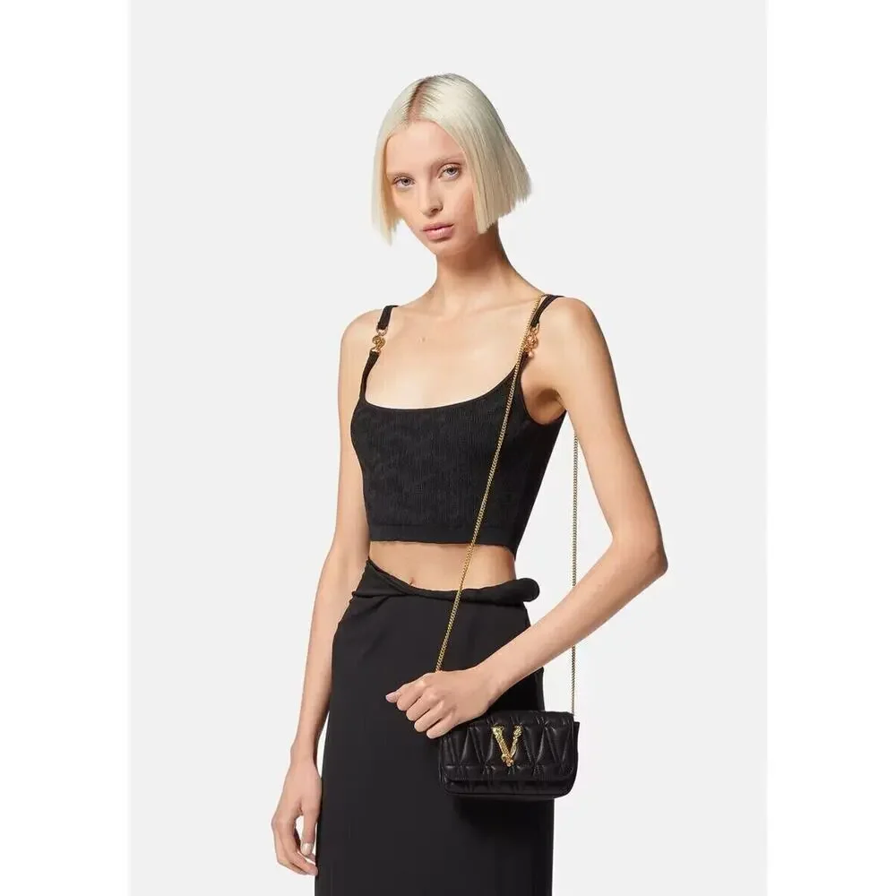 Versace Black Quilted Shoulder Bag with Gold Chain V